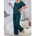 Short sleeve ribbed loungewear set in forest green with button decor and lettuce edge - S / Dark Green