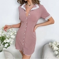 Camicia da notte rosa a costine con colletto in pizzo bianco e abbottonatura frontale - S / Rosa Loto