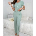 Salbeigrünes Pyjama-Set mit Rüschen, V-Ausschnitt, Kurzarm-Oberteil und langer Hose - S / Grün