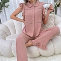Conjunto de pijama rosa con top de solapa, mangas con volantes y pantalón de tela ligera - S / Rosa