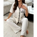 Damen Schlafanzug-Set aus Waffelstrick mit V-Ausschnitt Oberteil und Hose in Beige - S / Aprikose