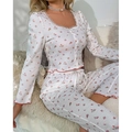 Women's floral pajama set with square neck, lace trim and waffle knit long sleeve top - Red Flower