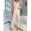 Ensemble 2 pièces crème pour femme avec débardeur col V en maille côtelée et pantalon - S / Abricot Beige