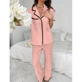 Set pigiama rosa a maniche corte con colletto a revers e pizzo per abbigliamento donna - S / Rosa
