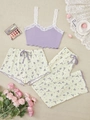 Set pigiama 3 pezzi da donna con canotta in pizzo e pantaloni a motivi floreali - S / Viola Chiaro