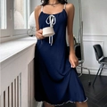 Camisón de verano plisado azul marino con tirantes blancos y elegante lazo frontal - S / Azul Real