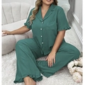 Detail of short sleeve teal pajamas top with lapel collar and ruffled cuff design - Dark Green