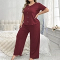 Conjunto de pijama granate para mujer con manga corta y pantalón largo texturizado - 1XL / Top Y Pantalón / Burdeos