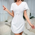 Slim fit white V-neck ribbed pajama dress with central bow and ruffle sleeves for summer - S / White