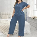 Conjunto de pijama azul oscuro para mujer con top de manga corta y pantalón largo - 1XL / Top Y Pantalón / Azul Niebla