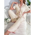 Women's cream short sleeve pajama set with red ruffled edges and ribbed texture - S / Beige Red Edge