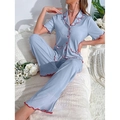 Women's light blue ribbed knit pajama set with short sleeve top and red wavy edges - S / Blue