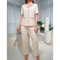 Women's pajama set featuring short sleeve button cardigan and pants with pink wavy trim - S / Beige with Pink Border