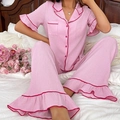 Set pigiama in seersucker rosa con camicia a maniche corte e pantaloni lunghi - S / Rosa