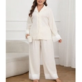 Set pigiama da donna crema con cardigan a rever e pantaloni larghi con volant - 1XL / Beige