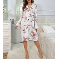 Close-up of floral nightshirt featuring lapel collar, white buttons, and ruffled cuffs - S / Red Rose Style
