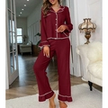 Elegante pigiama bordeaux a maniche lunghe con bordini bianchi e dettagli a volant - S / Borgogna