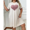 Camicia da notte taglie forti color crema con stampa a cuore e polsini rosa a contrasto - 1XL / Albicocca