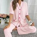 Pink short sleeve button-up pajama set with pleated texture and contrast piping details - Pink