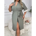 Robe d'intérieur grande taille vert sauge avec texture plissée et bords volantés - 1XL / Vert