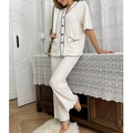Women V-neck short sleeve pajamas set with contrast piping and textured fabric - Beige with Royal Blue Trim