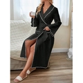 Women's black long sleeve robe with white contrast trim and belted waist in ribbed fabric - Black