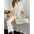 Women's cream short-sleeve pajama set with pink trim and loose pants, cozy loungewear - S / Luxe Letter Rose Pattern