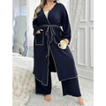 Detail of dark blue waffle textured robe set with contrast piping and belted waist - 1XL / Navy Blue