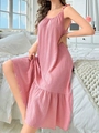 Pink sleeveless nightgown with vertical stripes and ruffled hem for sweet homewear - Deep Pink