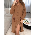 Brown hooded fleece bathrobe for women featuring warm teddy velvet and cute bow pockets - Brown