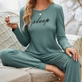 Pijama de punto acanalado verde salvia para mujer con bordado sleep en camiseta de manga larga - S / Verde Grisáceo