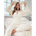 White hooded plush loungewear set with cute bear ears and front zipper for women - Off White