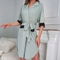 Short sleeve light green lace-trimmed pajamas with a belted waist for women - S / Green