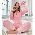 Rosa Sherpa-Einteiler-Pyjama mit Kapuze, Tierohren und strukturierter Fleece-Optik - S / Hellrosa