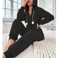 Women's black coral fleece hooded onesie with checkerboard texture and zip-up detail - S / Black