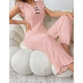 Ensemble homewear rose sans manches avec texture ajourée et bords en dentelle volantée - Rose
