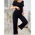 Women's black ribbed loungewear set with short sleeve top and wide leg pants - S / Black