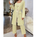 Ensemble de détente 3 pièces jaune clair en maille gaufrée avec peignoir et pantalon - Jaune Bordure Blanche