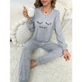 Pigiama donna grigio due pezzi con stampa Good Girl maglia a maniche lunghe e pantaloni - S / Grigio