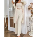Dreiteiliges Lounge-Set in Cremeweiß mit Strickjacke, Top und Hose mit rosa Ziernähten - S / Beige mit rosa Rand