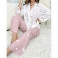 Conjunto de pijama para mujer con estampado de corazones, top de manga larga y pantalón largo - S / Blanco Y Rosa