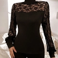 Elegantes, eng anliegendes Langarm-Mesh-Oberteil mit floraler Spitze und hohem Kragen - S / Schwarz