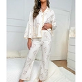 Blumiges Pyjama-Set für Damen mit langen Ärmeln und gelben Paspelierungsdetails - S / Beige