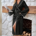 Elegant black long-sleeved robe with ribbed texture, V-neck and white contrast trim details - S / Black