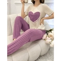 Women's pajama set featuring heart print top and purple ribbed pants in cozy fabric - S / Purple