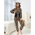 Pigiama intero leopardato da donna in pile corallo spesso e caldo con cappuccio e cerniera - S / Stampa leopardata