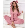 Plush pink hooded onesie with diamond texture and bear ears in cozy home setting - Dusty Rose