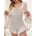 Sweet white textured romper with pink ruffle edges and wide bell sleeves for home wear - Beige with Pink Border