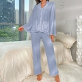 Set pigiama plissettato da donna con maniche lunghe e revers in blu chiaro - S / Blu