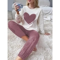 Women's coral fleece pajamas set in white and purple with heart pattern and love embroidery - Light Purple